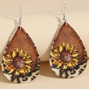 New Western Style Vintage Style Sunflower Leopard Print Faux Leather Earrings
